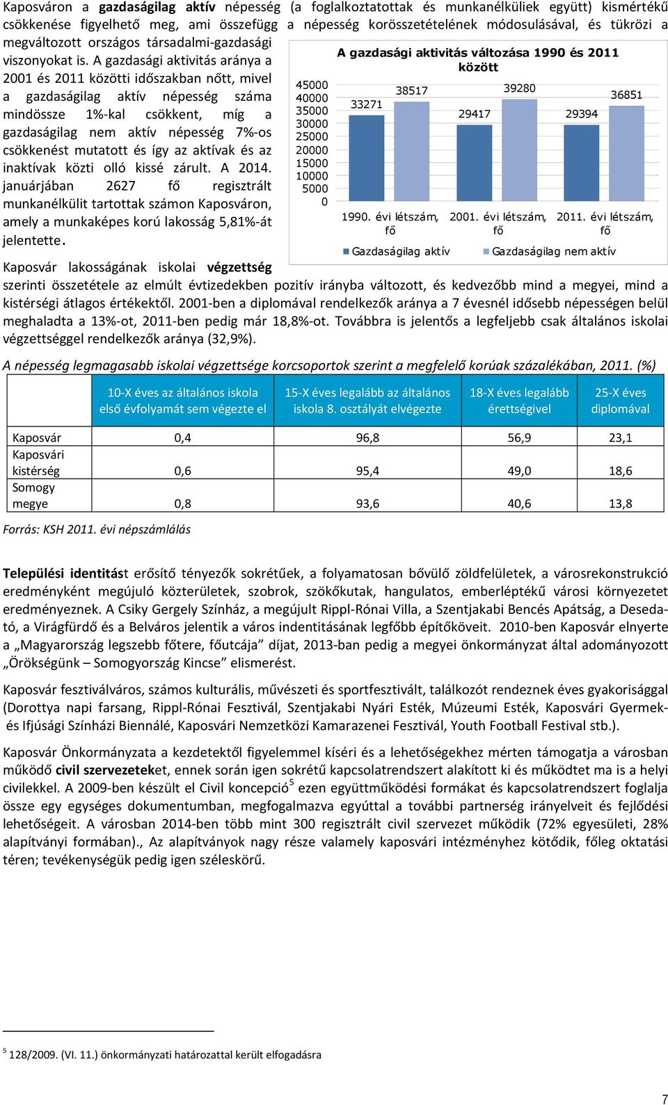 A gazdasági aktivitás aránya a 2001 és 2011 közötti időszakban nőtt, mivel a gazdaságilag aktív népesség száma mindössze 1%-kal csökkent, míg a gazdaságilag nem aktív népesség 7%-os csökkenést