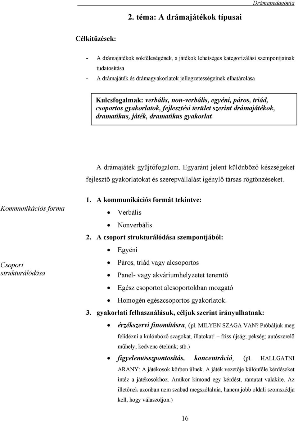 elhatárolása Kulcsfogalmak: verbális, non-verbális, egyéni, páros, triád, csoportos gyakorlatok, fejlesztési terület szerint drámajátékok, dramatikus, játék, dramatikus gyakorlat.