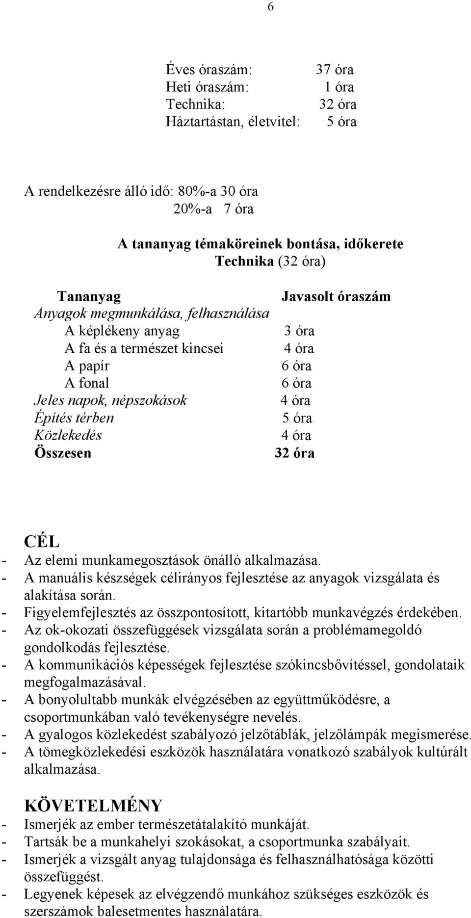 6 óra 5 óra 32 óra CÉL - Az elemi munkamegosztások önálló alkalmazása. - A manuális készségek célirányos fejlesztése az anyagok vizsgálata és alakítása során.