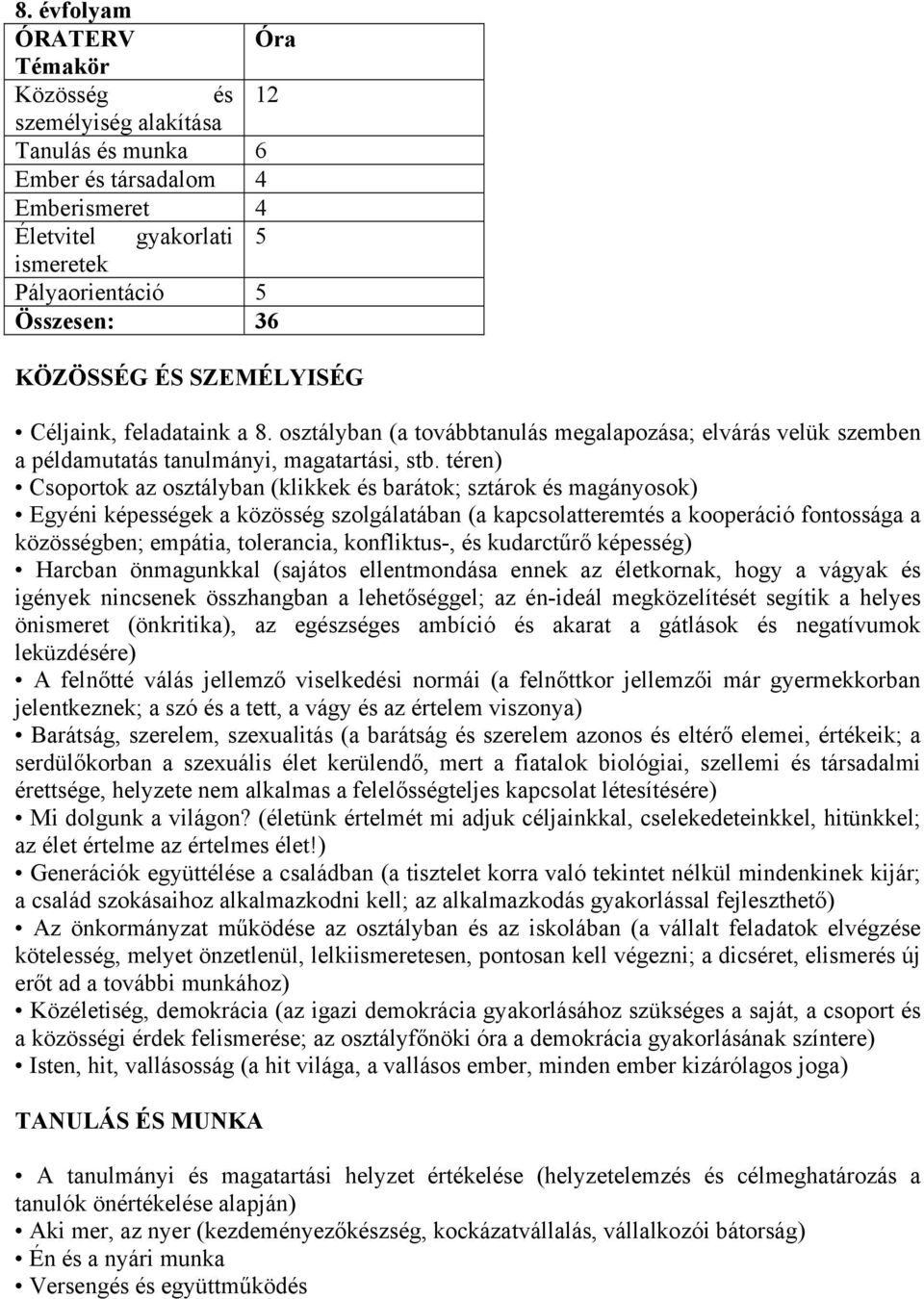 téren) Csoportok az osztályban (klikkek és barátok; sztárok és magányosok) Egyéni képességek a közösség szolgálatában (a kapcsolatteremtés a kooperáció fontossága a közösségben; empátia, tolerancia,