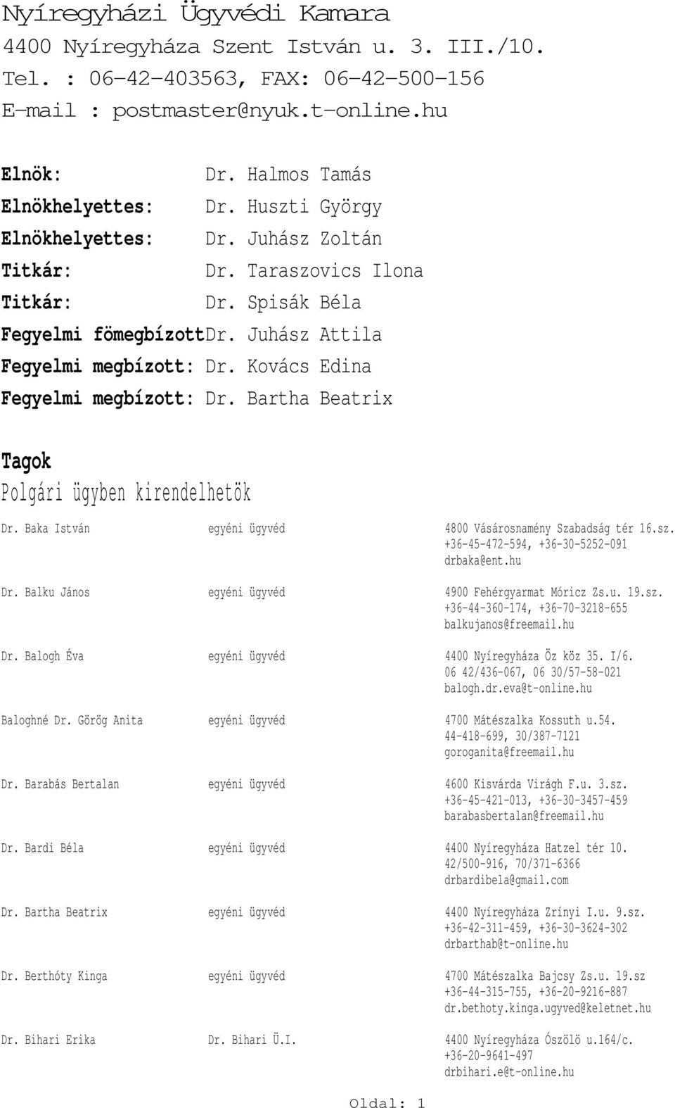 Bartha Beatrix Tagok Polgári ügyben kirendelhetök Dr. Baka István egyéni ügyvéd 4800 Vásárosnamény Szabadság tér 16.sz. +36-45-472-594, +36-30-5252-091 drbaka@ent.hu Dr.