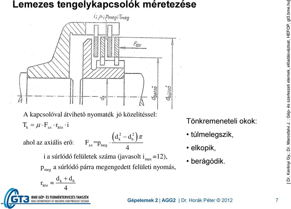 ahol az axiális erő: Fax = pmeg 4 i a súrlódó felületek száma (javasolt i =12), p r meg köz max a súrlódó párra