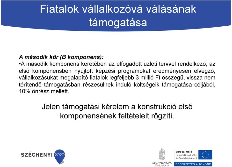 megalapító fiatalok legfeljebb 3 millió Ft összegű, vissza nem térítendő támogatásban részesülnek induló költségeik