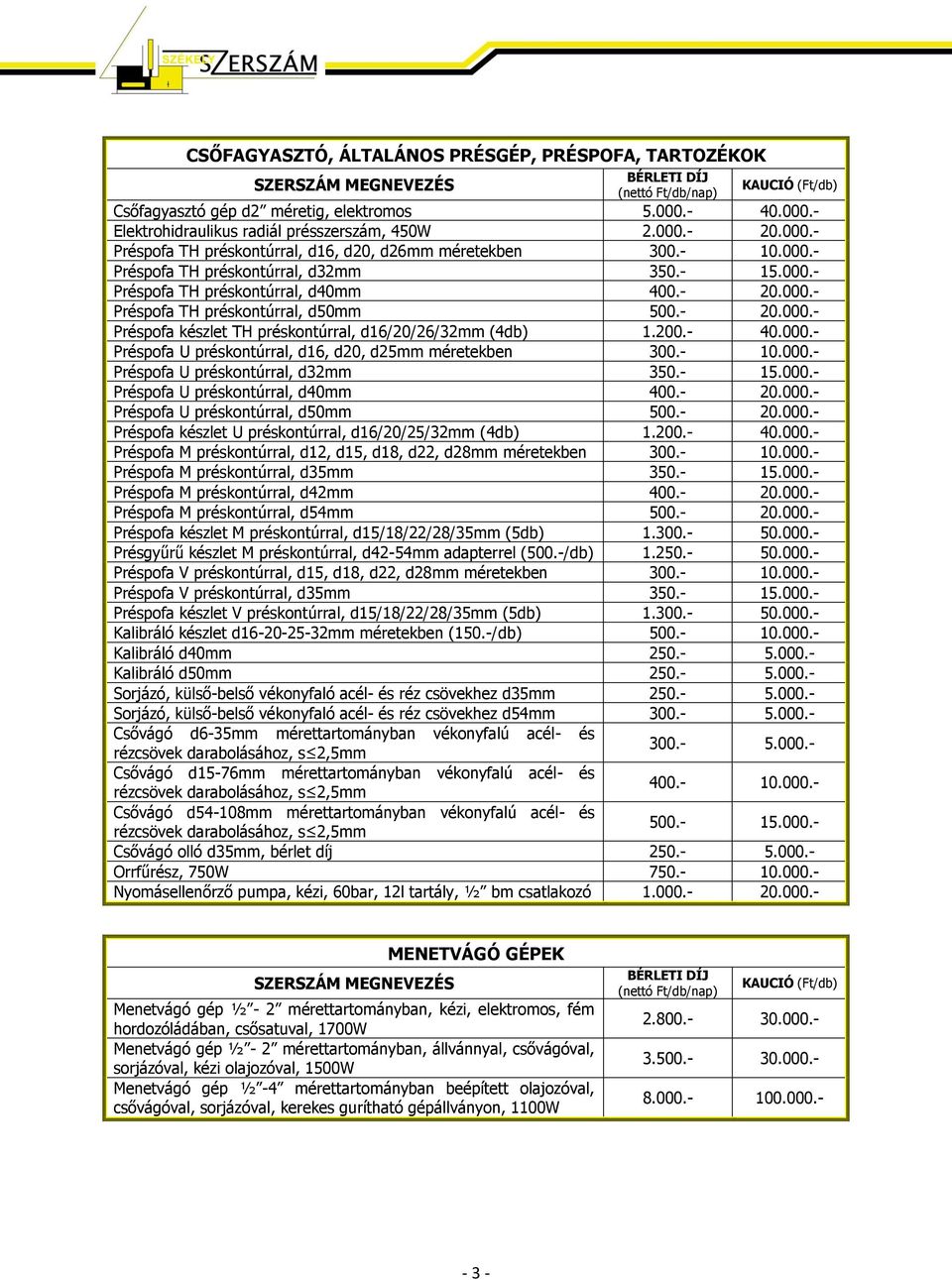 200.- 40.000.- Préspofa U préskontúrral, d16, d20, d25mm méretekben 300.- 10.000.- Préspofa U préskontúrral, d32mm 350.- 15.000.- Préspofa U préskontúrral, d40mm 400.- 20.000.- Préspofa U préskontúrral, d50mm 500.