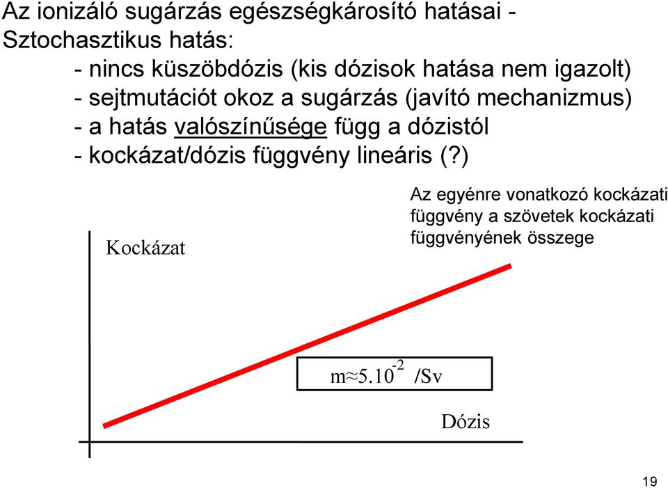 hatás valószínűsége függ a dózistól - kockázat/dózis függvény lineáris (?