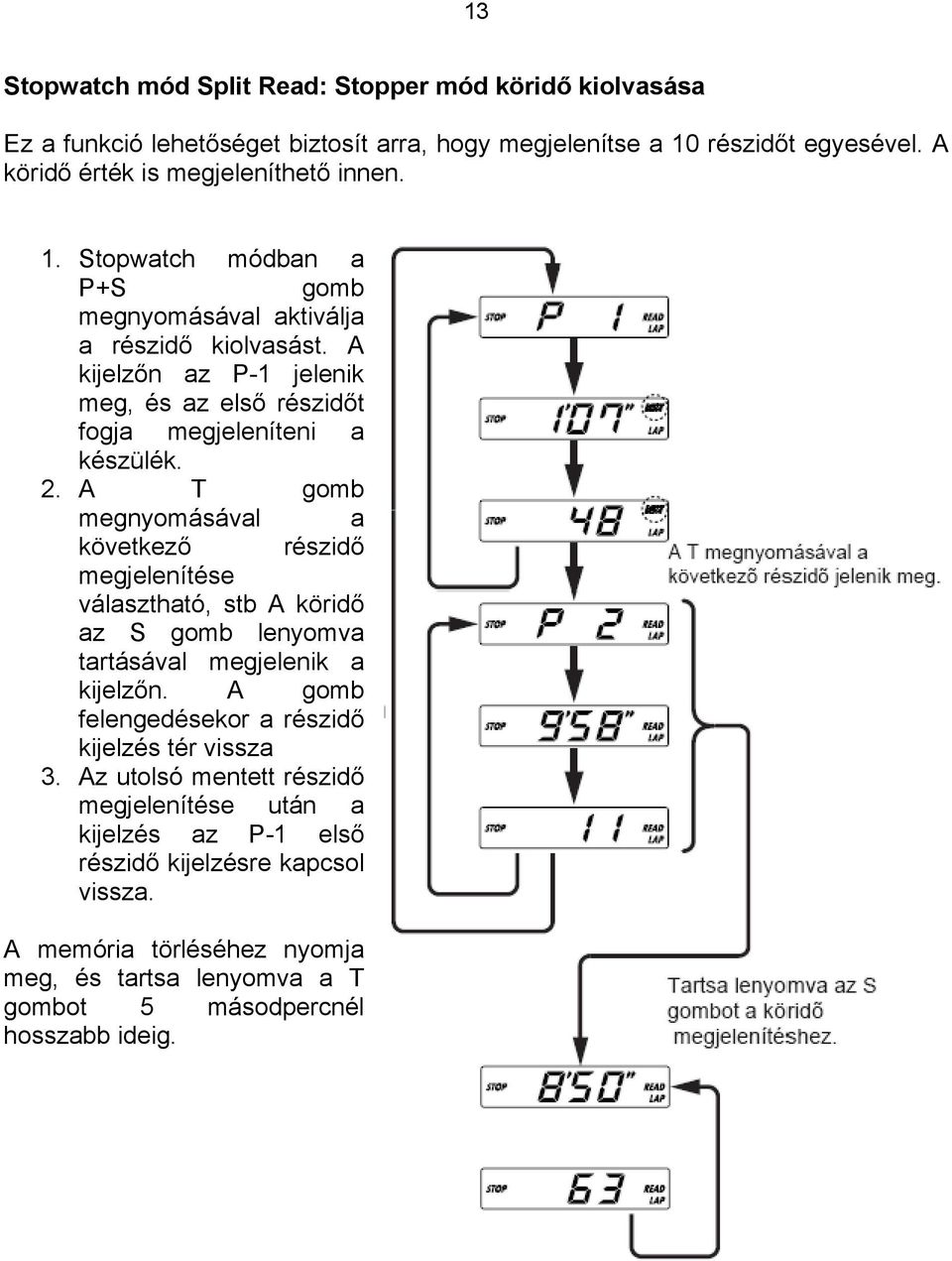 A T gomb megnyomásával a következő részidő megjelenítése választható, stb A köridő az S gomb lenyomva tartásával megjelenik a kijelzőn.