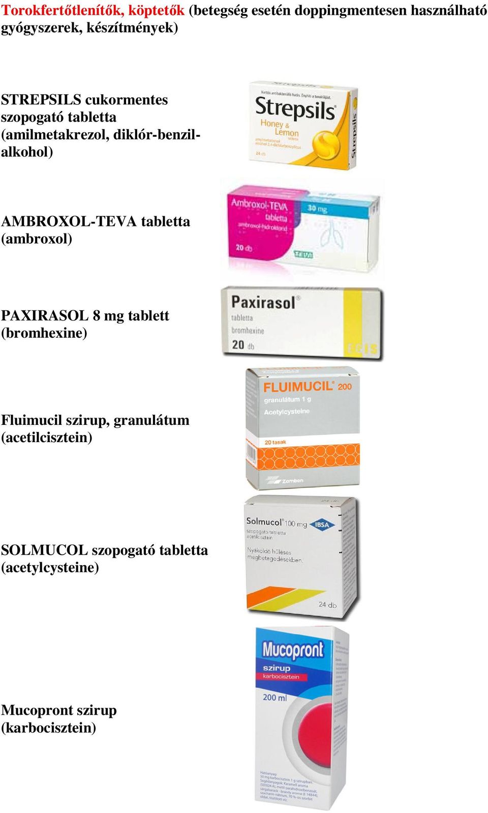 AMBROXOL-TEVA tabletta (ambroxol) PAXIRASOL 8 mg tablett (bromhexine) Fluimucil szirup,