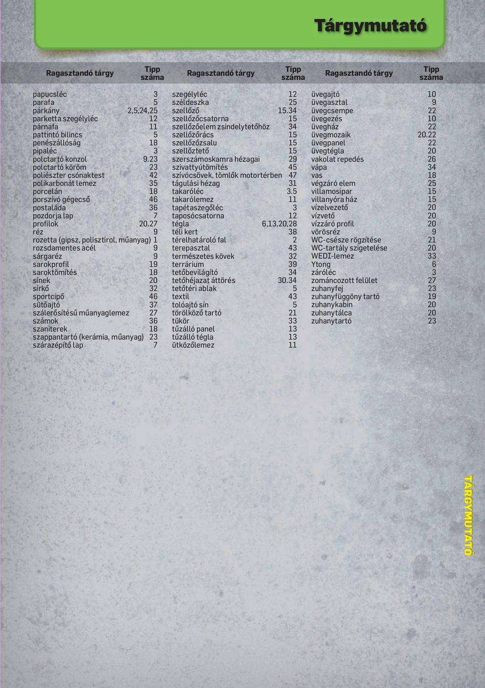 27 réz 9 rozetta (gipsz, polisztirol, mûanyag) 1 rozsdamentes acél 9 sárgaréz 9 sarokprofil 19 saroktömítés 18 sínek 20 sírkô 32 sportcipô 46 sütôajtó 37 szálerôsítésû mûanyaglemez 27 számok 36