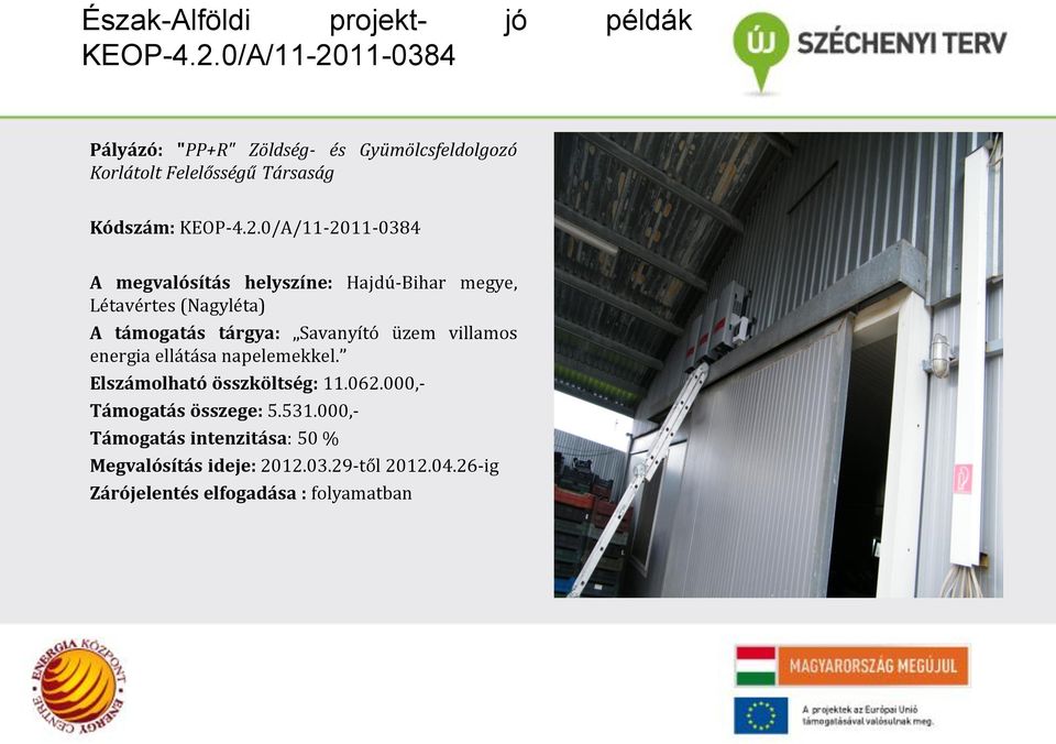 11-0384 Pályázó: "PP+R" Zöldség- és Gyümölcsfeldolgozó Korlátolt Felelősségű Társaság Kódszám: KEOP-4.2.