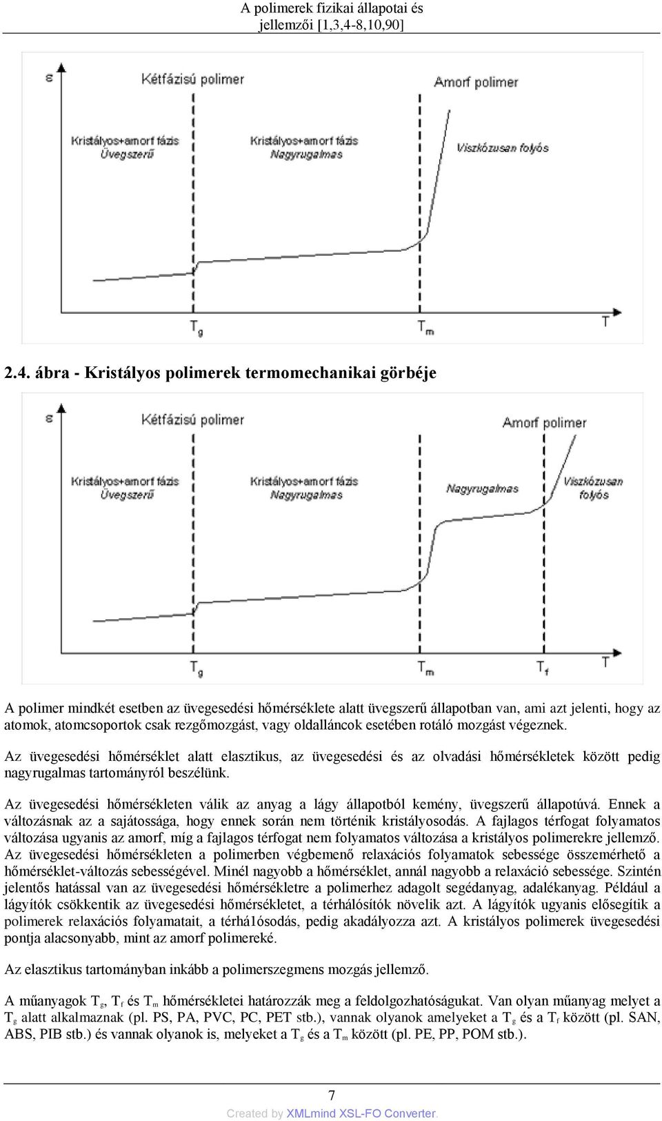 ábra - Kristályos polimerek termomechanikai görbéje A polimer mindkét esetben az üvegesedési hőmérséklete alatt üvegszerű állapotban van, ami azt jelenti, hogy az atomok, atomcsoportok csak