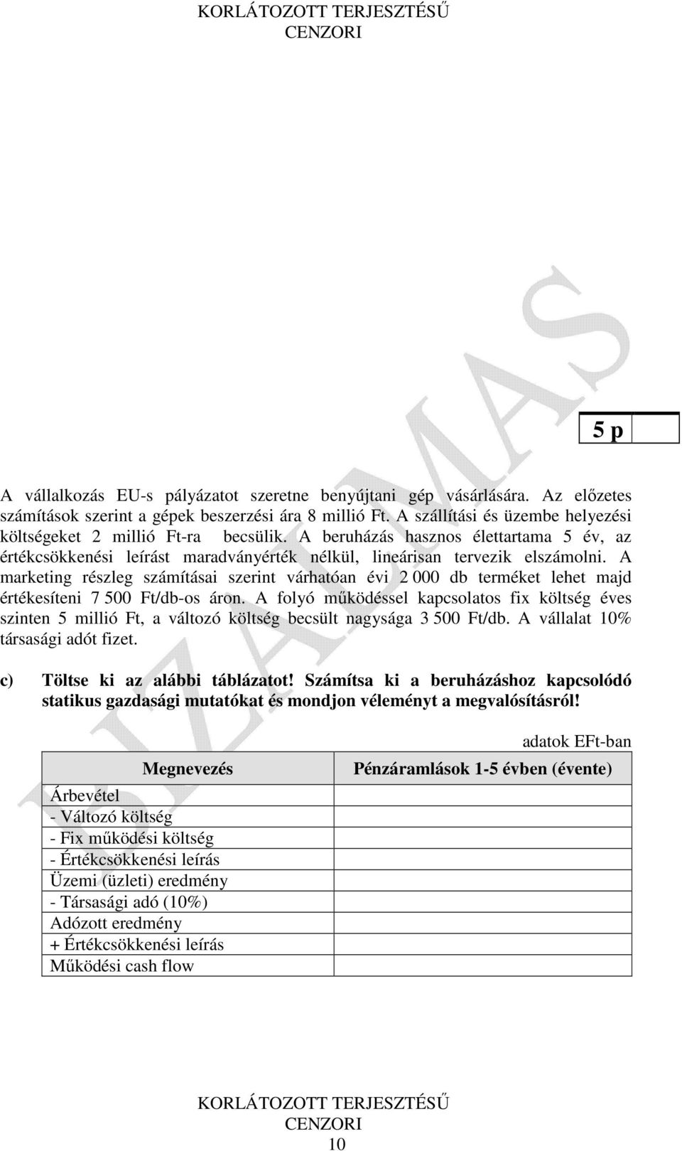 A marketing részleg számításai szerint várhatóan évi 2 000 db terméket lehet majd értékesíteni 7 500 Ft/db-os áron.