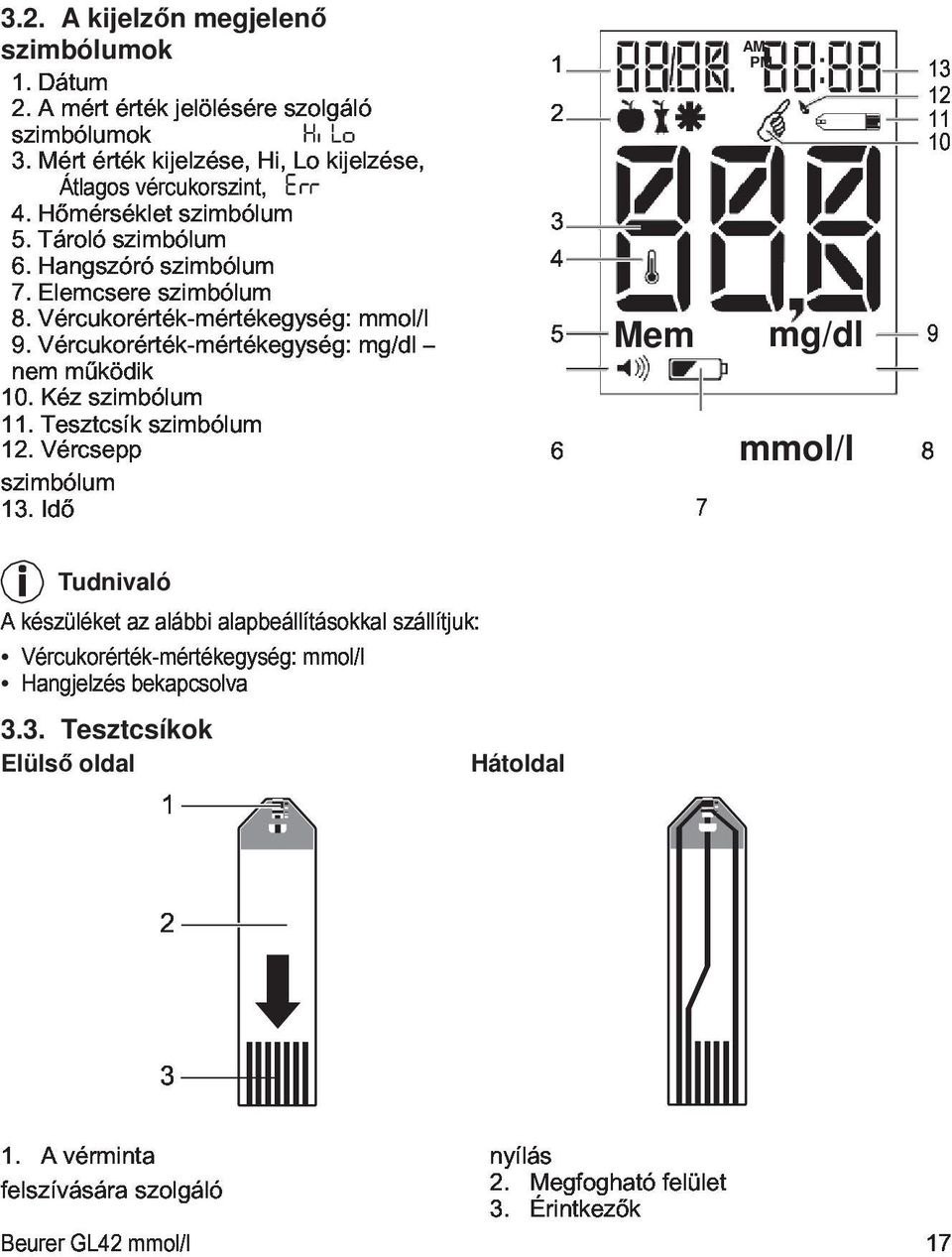 Vércsepp Idő szimbólum 6 8 A készüléket 7 Vércukorérték-mértékegység: Hangjelzés az bekapcsolva alábbi alapbeállításokkal mmol/l szállítjuk: Tudnivaló 21 Beurer 1.