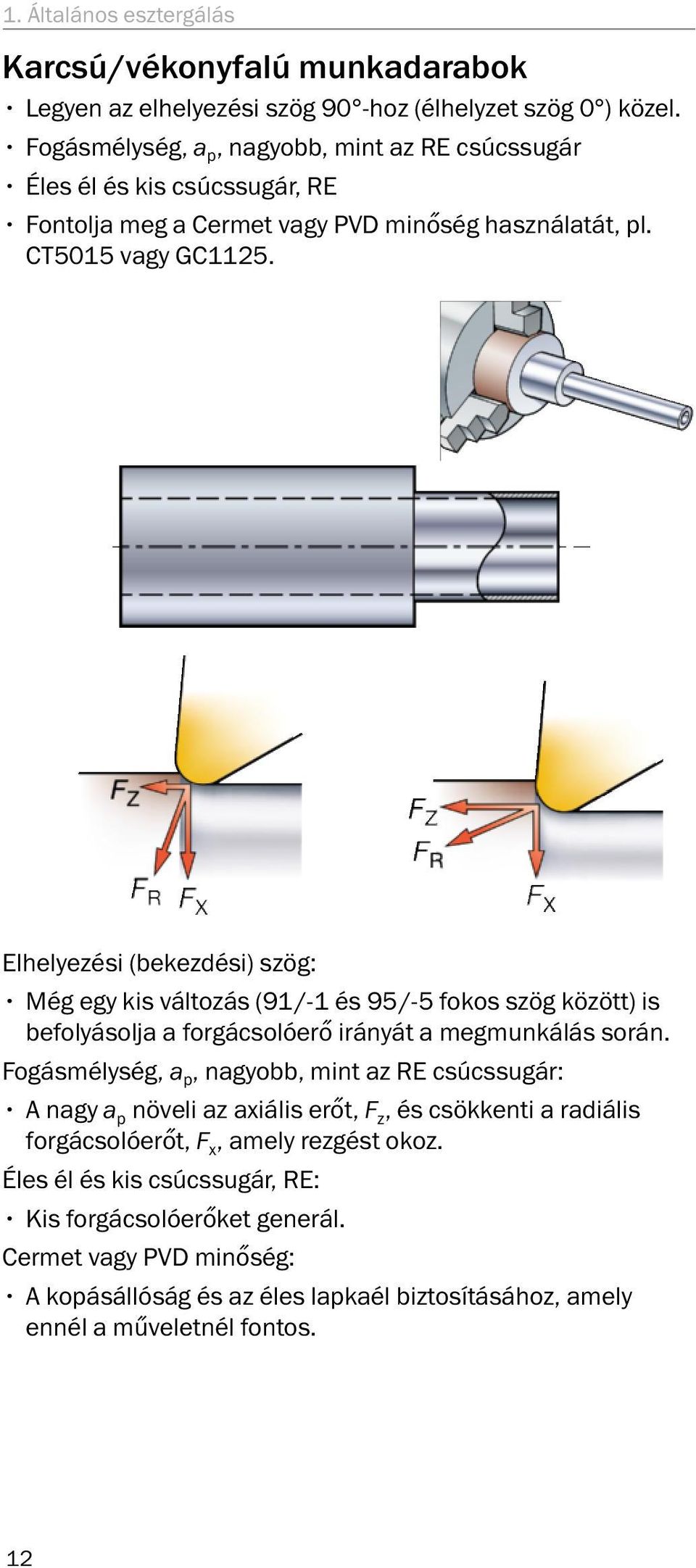 Elhelyezési (bekezdési) szög: Még egy kis változás (91/-1 és 95/-5 fokos szög között) is befolyásolja a forgácsolóerő irányát a megmunkálás során.