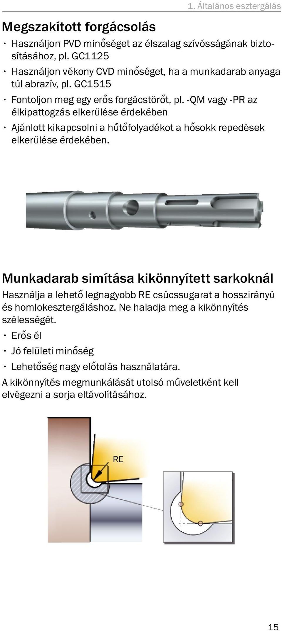 -QM vagy -PR az élkipattogzás elkerülése érdekében Ajánlott kikapcsolni a hűtőfolyadékot a hősokk repedések elkerülése érdekében.