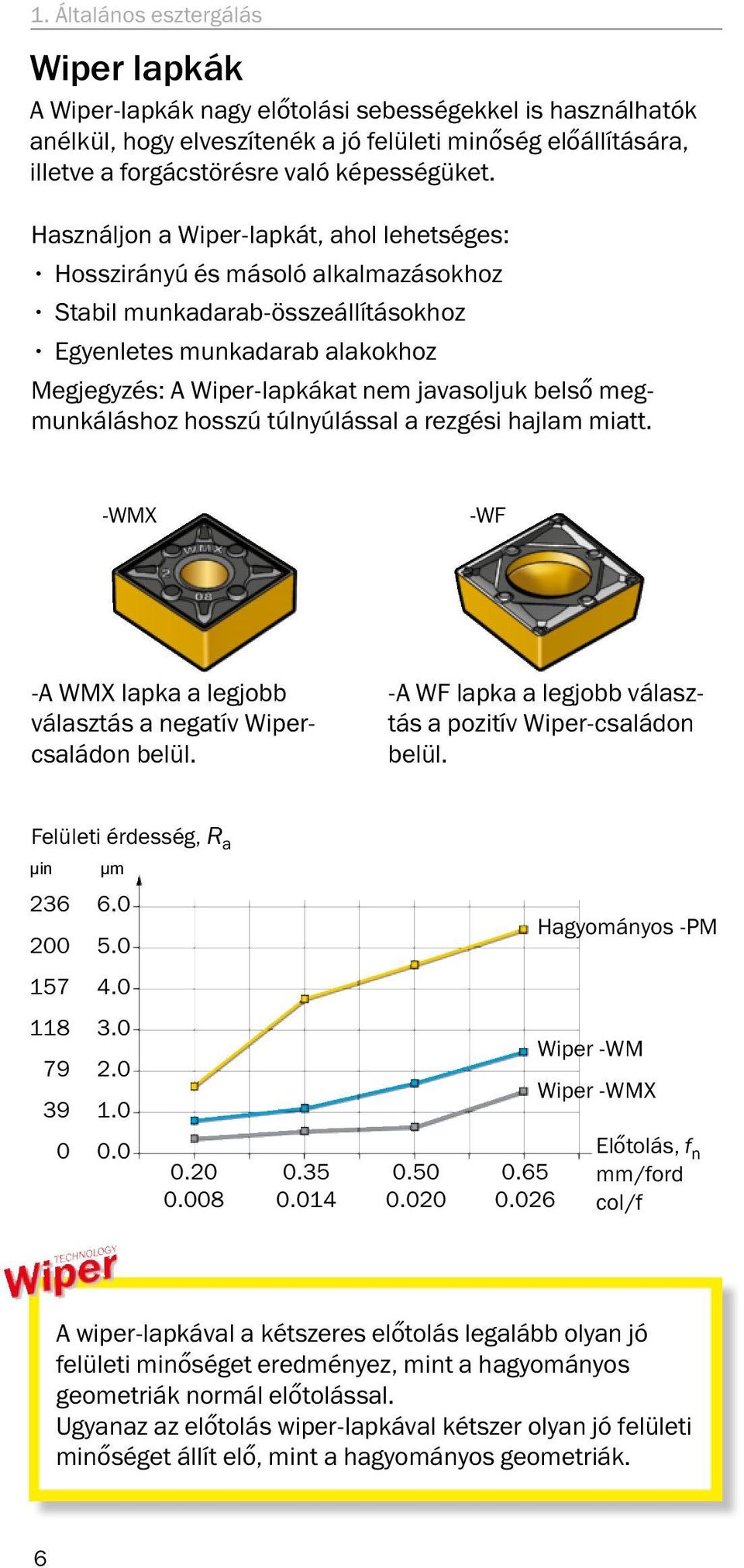 Használjon a Wiper-lapkát, ahol lehetséges: Hosszirányú és másoló alkalmazásokhoz Stabil munkadarab-összeállításokhoz Egyenletes munkadarab alakokhoz Megjegyzés: A Wiper-lapkákat nem javasoljuk belső