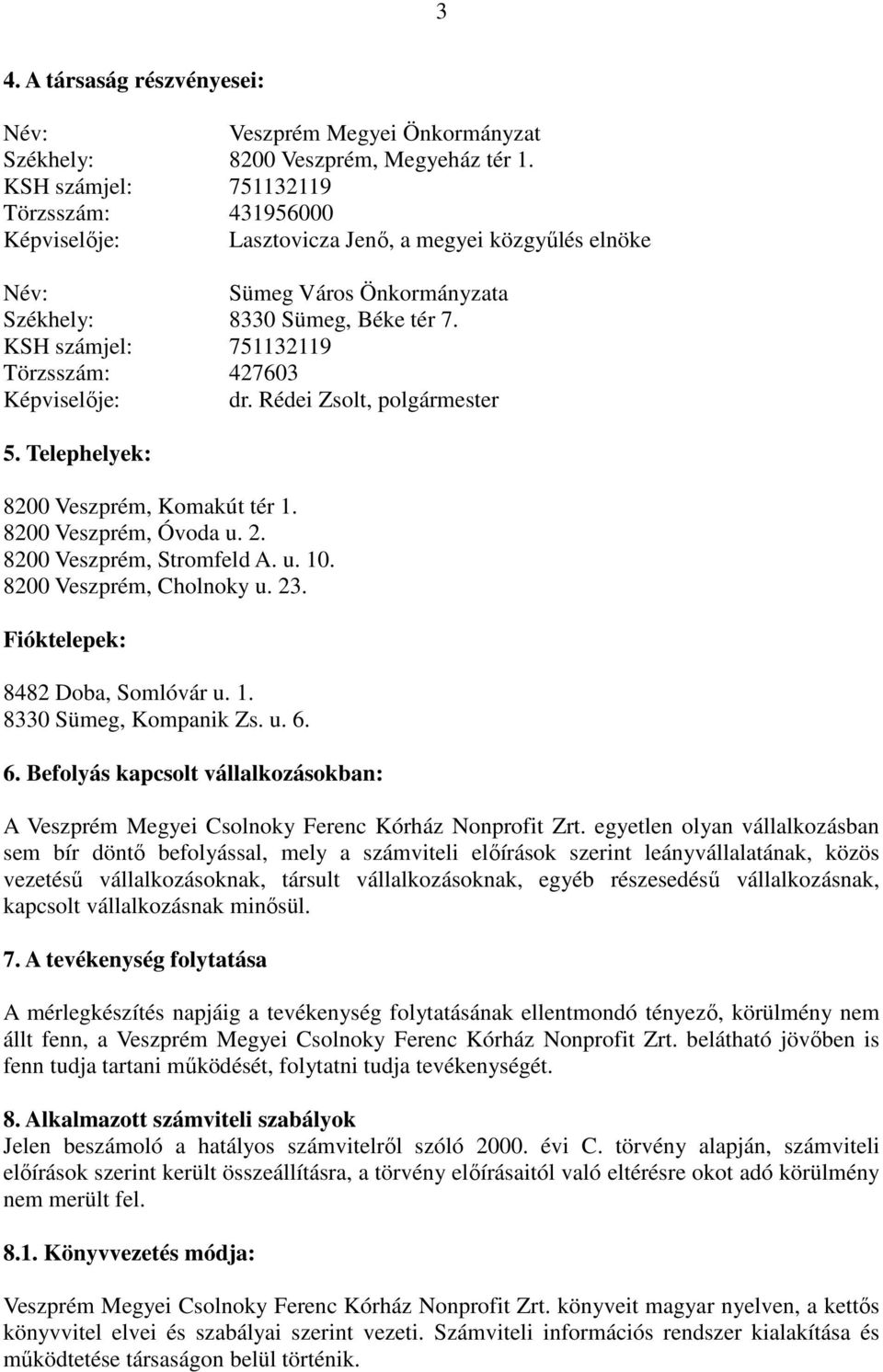 KSH számjel: 751132119 Törzsszám: 427603 Képviselője: dr. Rédei Zsolt, polgármester 5. Telephelyek: 8200 Veszprém, Komakút tér 1. 8200 Veszprém, Óvoda u. 2. 8200 Veszprém, Stromfeld A. u. 10.