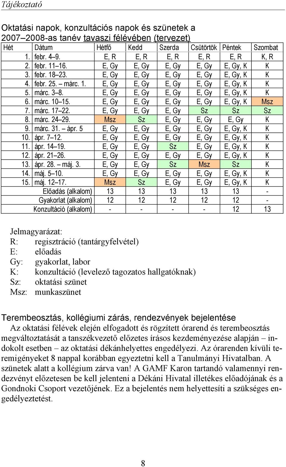 E, Gy E, Gy E, Gy E, Gy E, Gy, K K 6. márc. 10 15. E, Gy E, Gy E, Gy E, Gy E, Gy, K Msz 7. márc. 17 22. E, Gy E, Gy E, Gy Sz Sz Sz 8. márc. 24 29. Msz Sz E, Gy E, Gy E, Gy K 9. márc. 31. ápr.