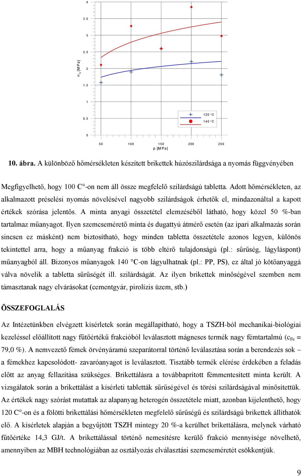 Adott hőmérsékleten, az alkalmazott préselési nyomás növelésével nagyobb szilárdságok érhetők el, mindazonáltal a kapott értékek szórása jelentős.