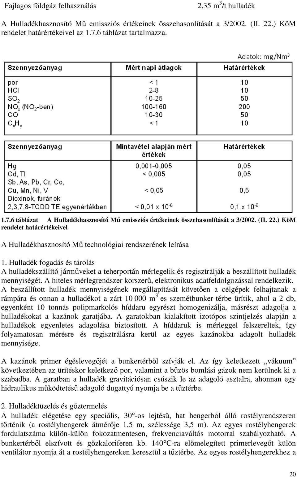 ) KöM rendelet határértékeivel A Hulladékhasznosító Mű technológiai rendszerének leírása 1.