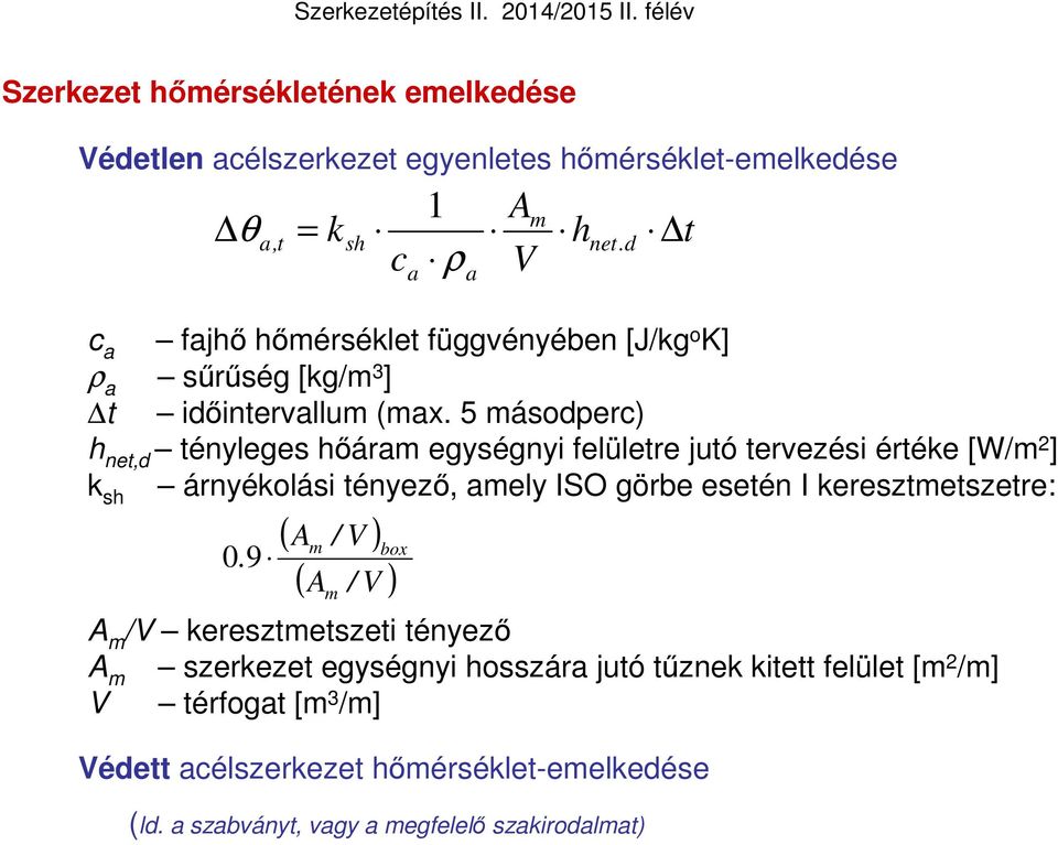 5 másodperc) h net,d ténleges hőáram egségni elületre jutó tervezési értéke [W/m 2 ] k sh árnékolási ténező, amel ISO görbe esetén I keresztmetszetre: 0.