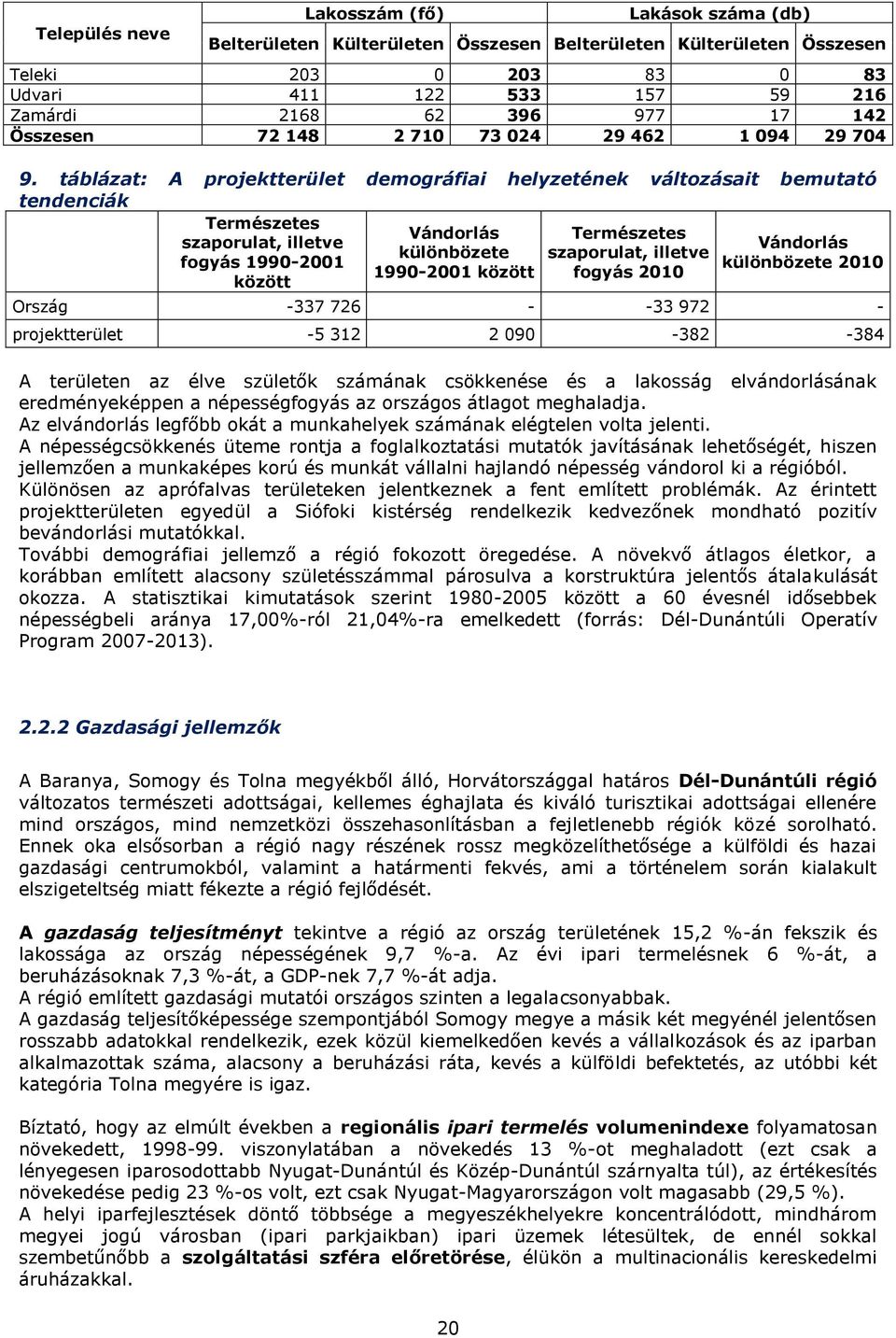 táblázat: A projektterület demográfiai helyzetének változásait bemutató tendenciák Természetes szaporulat, illetve fogyás 1990-2001 között Vándorlás különbözete 1990-2001 között Természetes