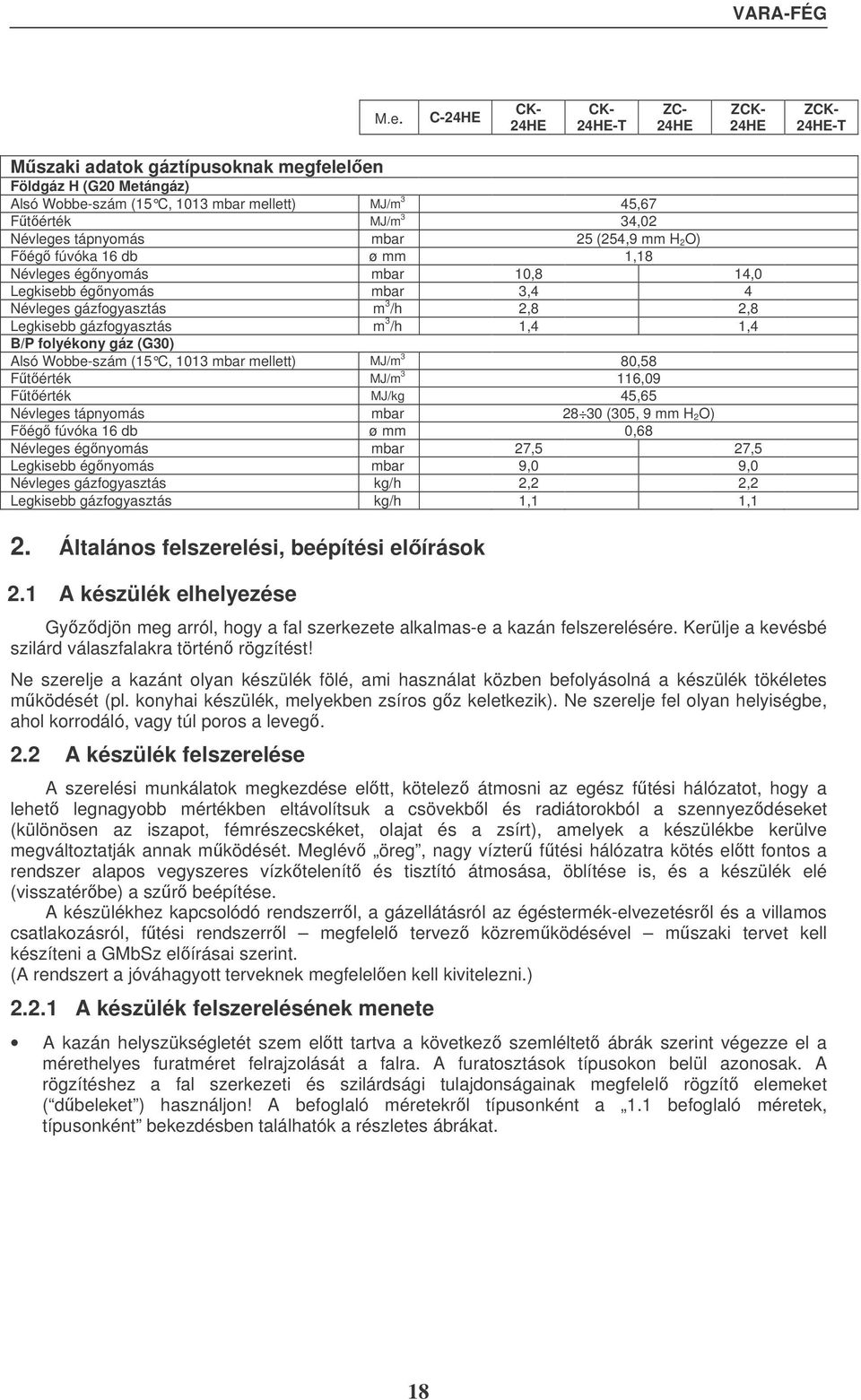 folyékony gáz (G0) Alsó Wobbe-szám (5 C, 0 mbar mellett) MJ/m 80,58 Ftérték MJ/m 6,09 Ftérték MJ/kg 45,65 Névleges tápnyomás mbar 28 0 (05, 9 mm H 2 O) Fég fúvóka 6 db ø mm 0,68 Névleges égnyomás