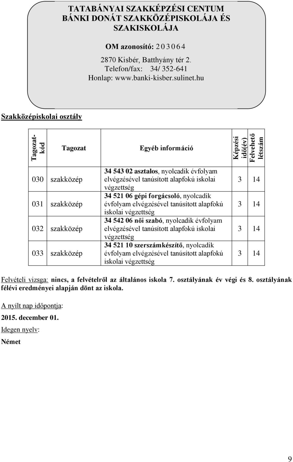 hu Szakközépiskolai osztály Tagozat Egyéb információ 030 szakközép 031 szakközép 032 szakközép 033 szakközép 34 543 02 asztalos, nyolcadik évfolyam elvégzésével tanúsított alapfokú iskolai végzettség