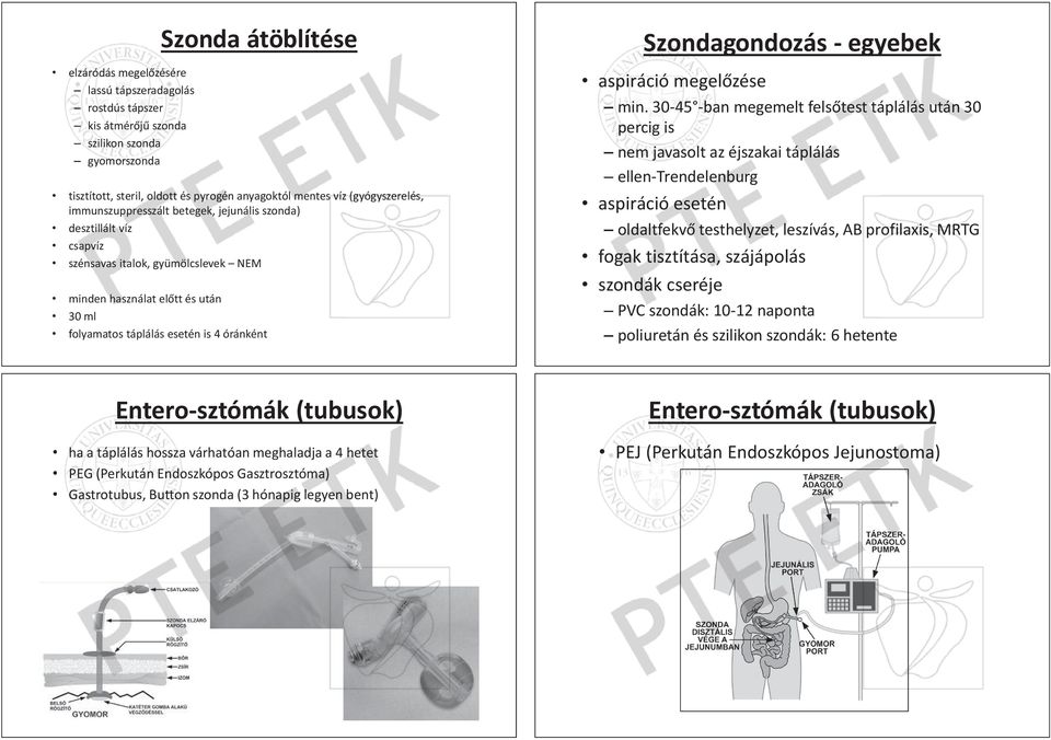 folyamatos táplálás esetén is 4 óránként Szondagondozás - egyebek aspiráció megel zése min.