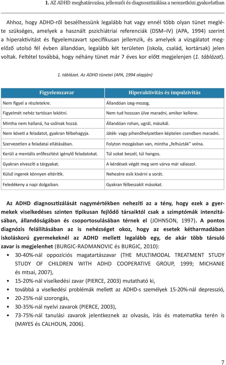 (iskola, család, kortársak) jelen voltak. Feltétel továbbá, hogy néhány tünet már 7 éves kor előtt megjelenjen (1. táblázat). 1. táblázat. Az ADHD tünetei (APA, 1994 alapján) Figyelemzavar Nem figyel a részletekre.