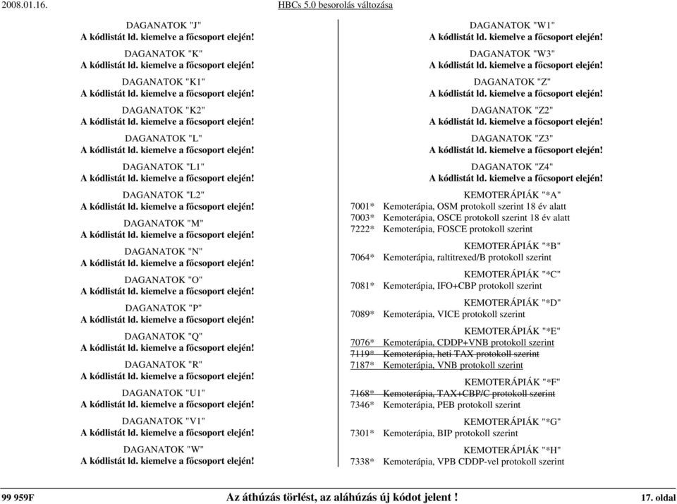 Kemoterápia, OSCE protokoll szerint 18 év alatt 7222* Kemoterápia, FOSCE protokoll szerint KEMOTERÁPIÁK "*B" 7064* Kemoterápia, raltitrexed/b protokoll szerint KEMOTERÁPIÁK "*C" 7081* Kemoterápia,