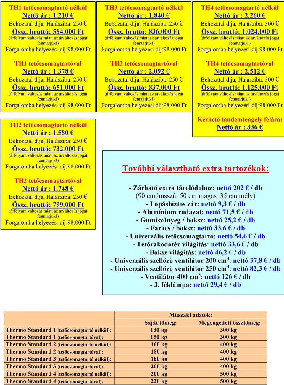 000 Ft TH2 tetőcsomagtartó nélkül Nettó ár : 1.580 Össz. bruttó: 732.000 Ft TH2 tetőcsomagtartóval Nettó ár : 1.748 Össz. bruttó: 799.