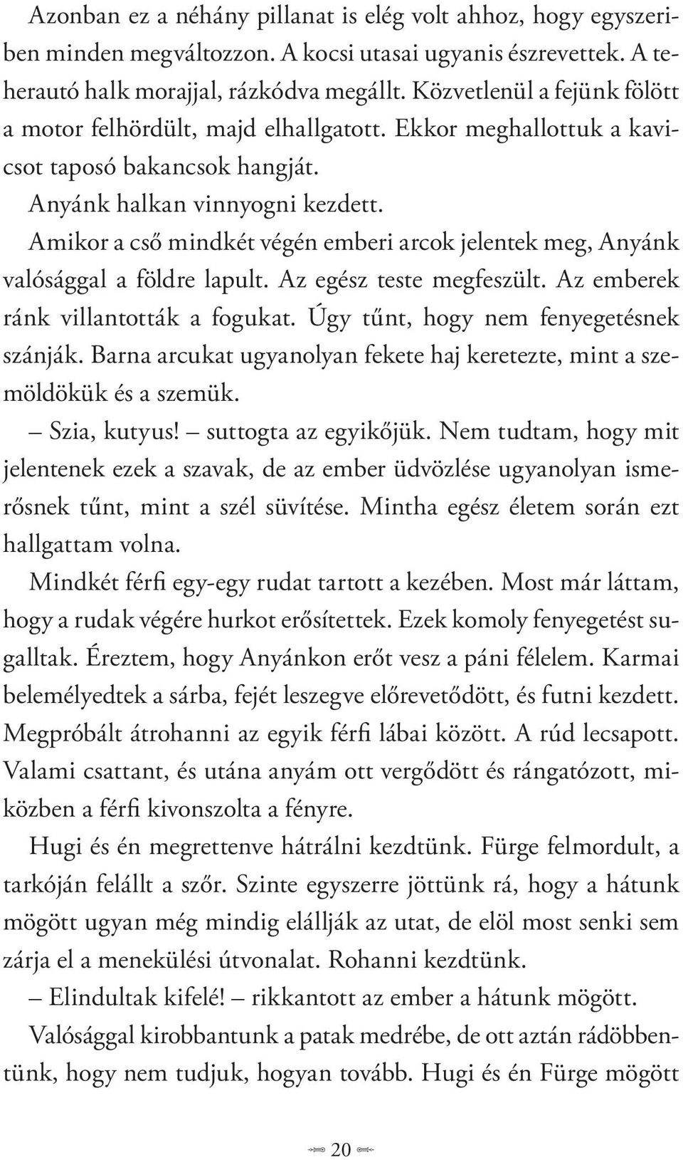 Amikor a cső mindkét végén emberi arcok jelentek meg, Anyánk valósággal a földre lapult. Az egész teste megfeszült. Az emberek ránk villantották a fogukat. Úgy tűnt, hogy nem fenyegetésnek szánják.