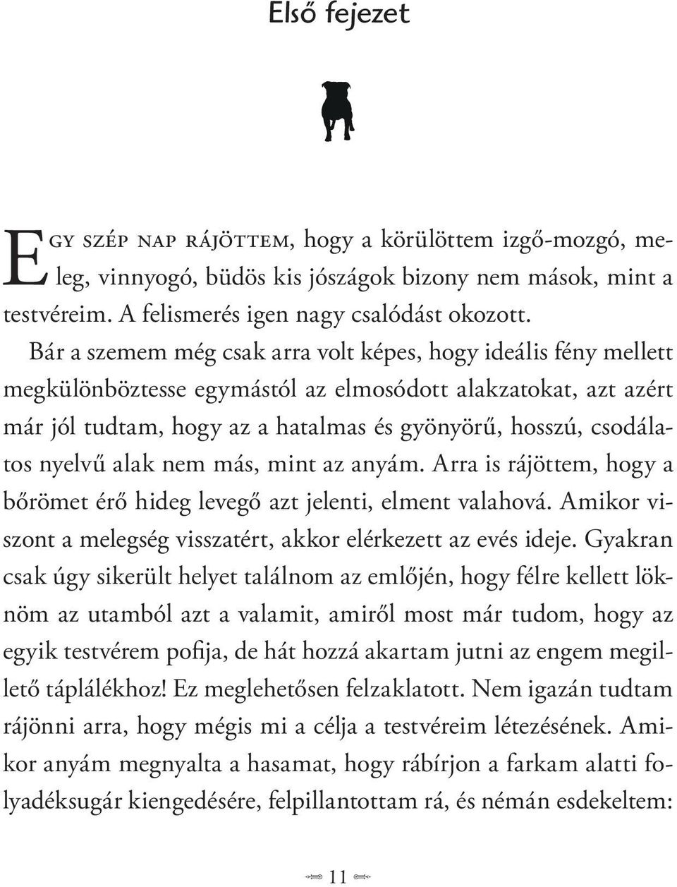 nyelvű alak nem más, mint az anyám. Arra is rájöttem, hogy a bőrömet érő hideg levegő azt jelenti, elment valahová. Amikor viszont a melegség visszatért, akkor elérkezett az evés ideje.