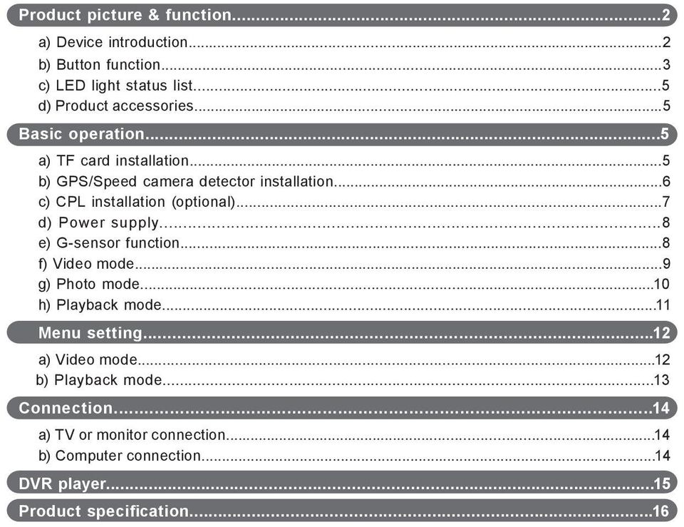 ..7 d) Power supply...8 e) G-sensor function...8 f) Video mode...9 g) Photo mode...10 h) Playback mode...11 Menu setting...12 a) Video mode.