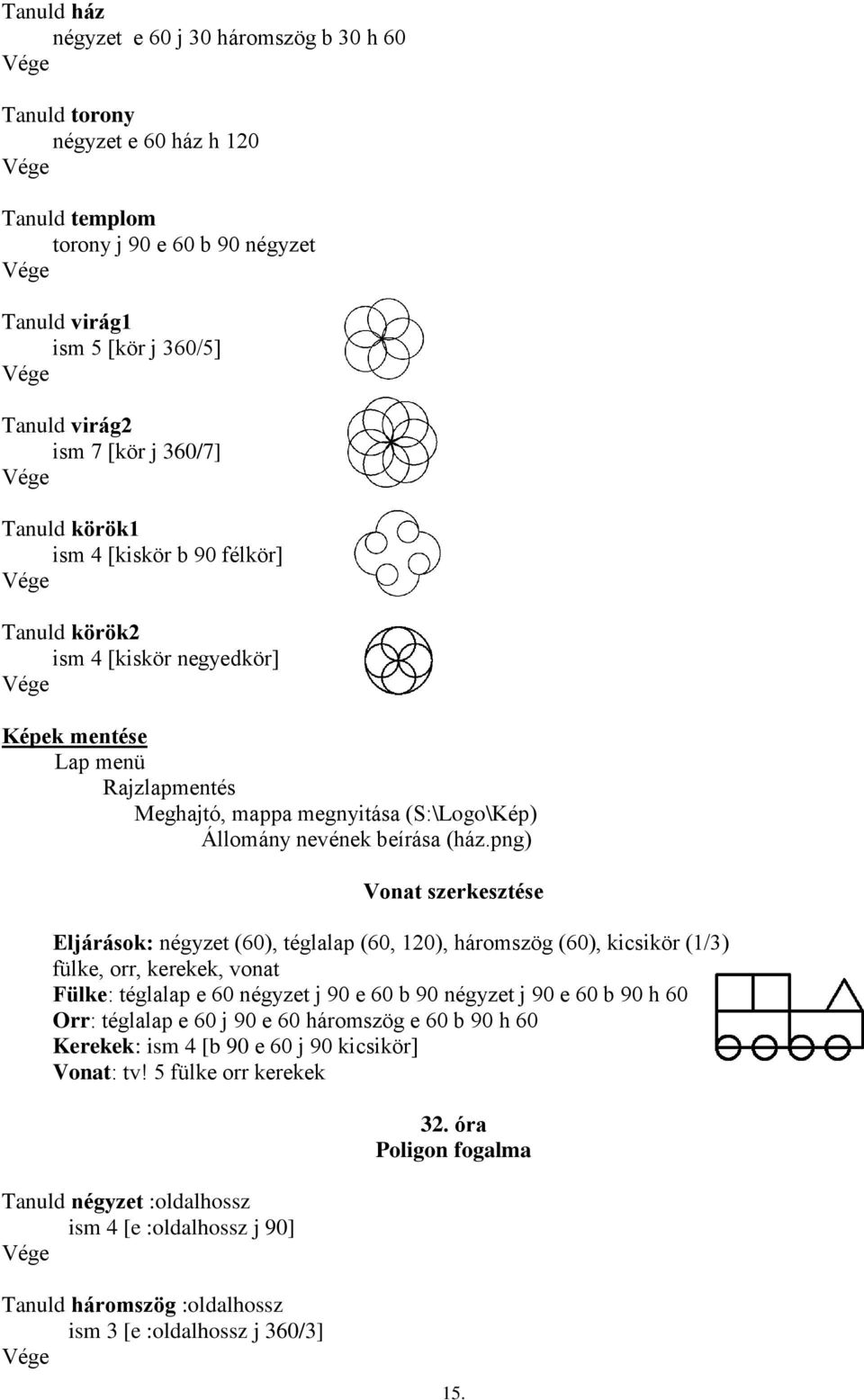 png) Vonat szerkesztése Eljárások: négyzet (60), téglalap (60, 120), háromszög (60), kicsikör (1/3) fülke, orr, kerekek, vonat Fülke: téglalap e 60 négyzet j 90 e 60 b 90 négyzet j 90 e 60 b 90 h 60