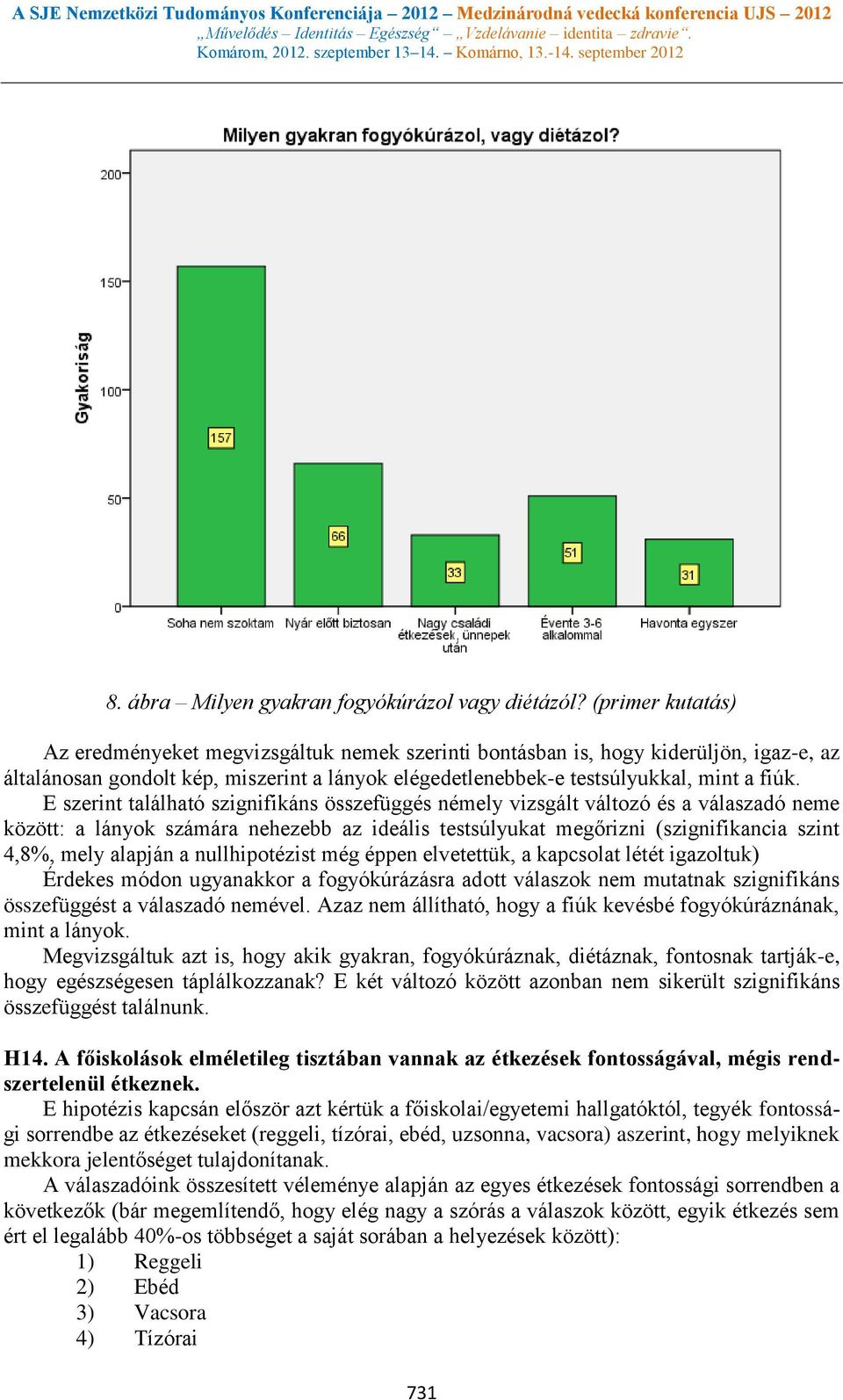 E szerint található szignifikáns összefüggés némely vizsgált változó és a válaszadó neme között: a lányok számára nehezebb az ideális testsúlyukat megőrizni (szignifikancia szint 4,8%, mely alapján a