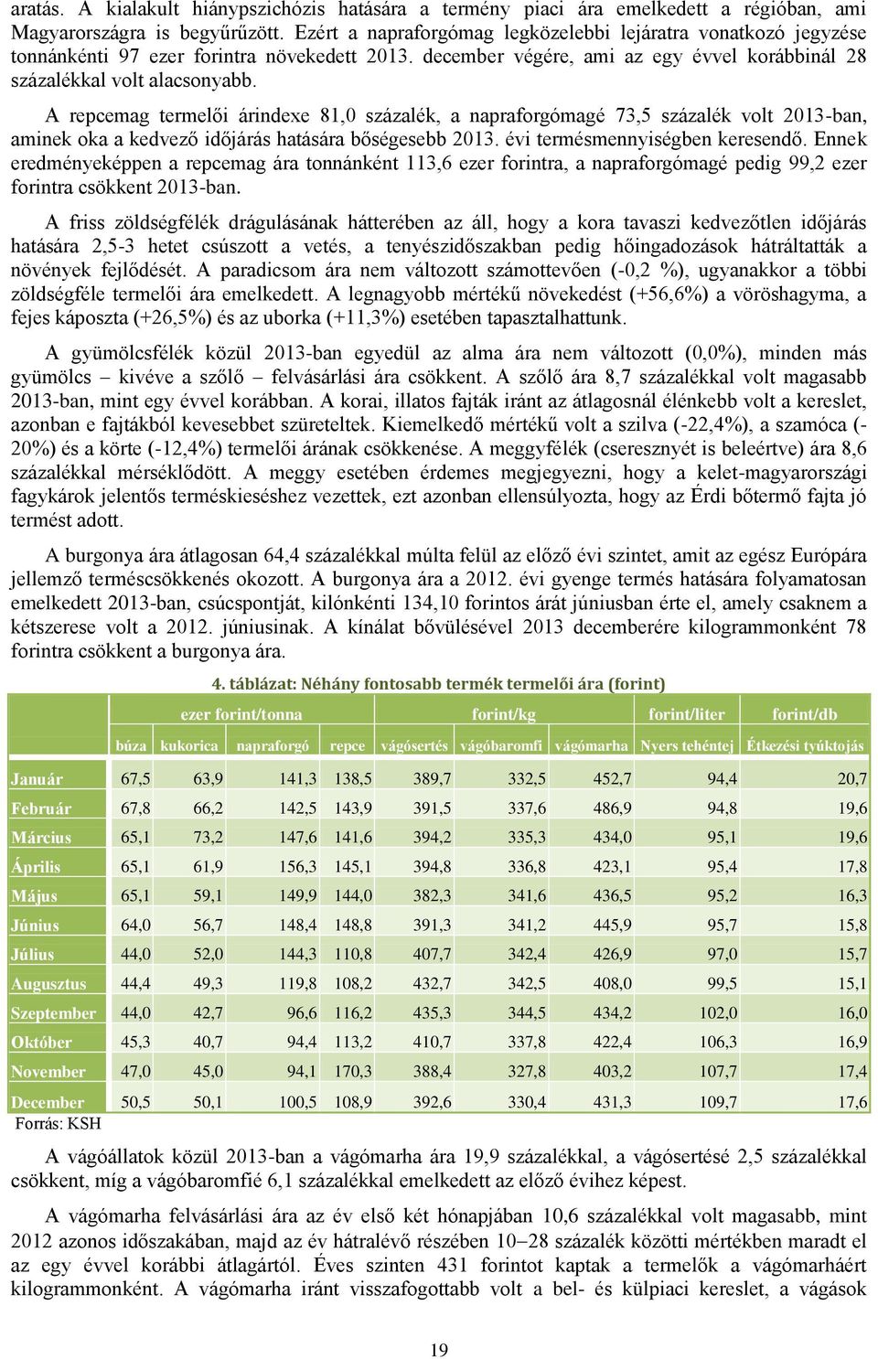 A repcemag termelői árindexe 81,0 százalék, a napraforgómagé 73,5 százalék volt 2013-ban, aminek oka a kedvező időjárás hatására bőségesebb 2013. évi termésmennyiségben keresendő.