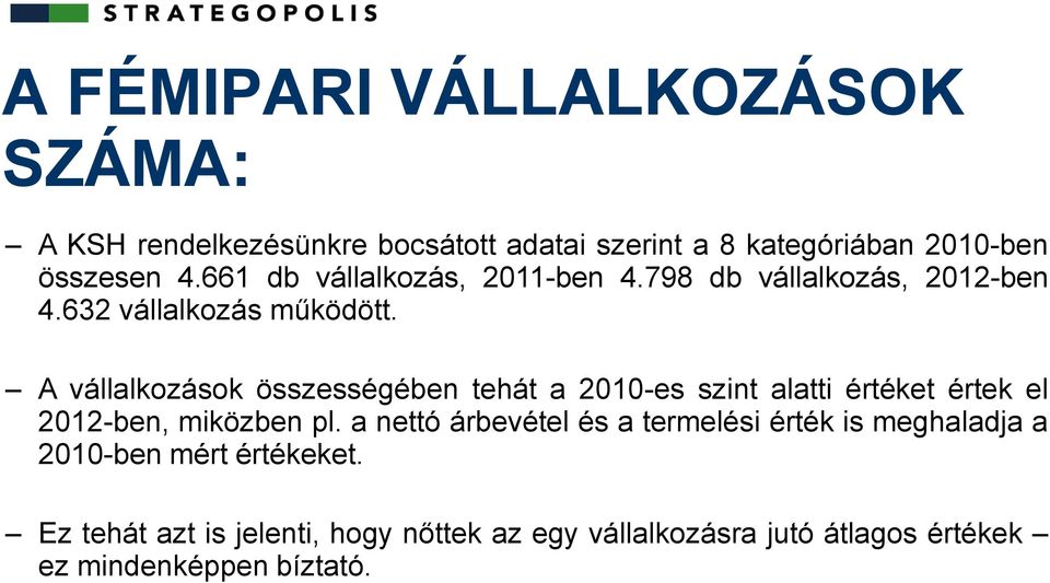 A vállalkozások összességében tehát a 2010-es szint alatti értéket értek el 2012-ben, miközben pl.