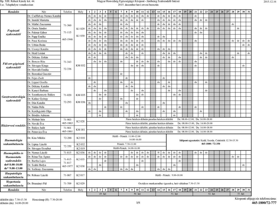 Imrédi Marietta Dr. Máthé Zsuzsanna 71-360 Dr. Orsós Sándor K1 029 Dr. Palotai Gábor 71-115 Dr. Papp Emőke K1 030 465-1946 Dr. Patai Korinna Dr. Urbán Beáta Dr. Uzonyi Katalin Dr. Heid Lóránt Dr.