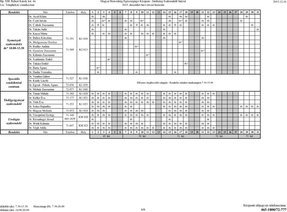 Kálmán Zsuzsanna Dr. Szathmáry Enikő Dr. Takács Enikő Dr. Barta Ágnes * Dr. Dudás Veronika Dr. Vendrei Gábor Dr. Király László 71-569 K2 013 Dr. Egyed - Fekete Ágnes 72-076 K1 039 Dr.