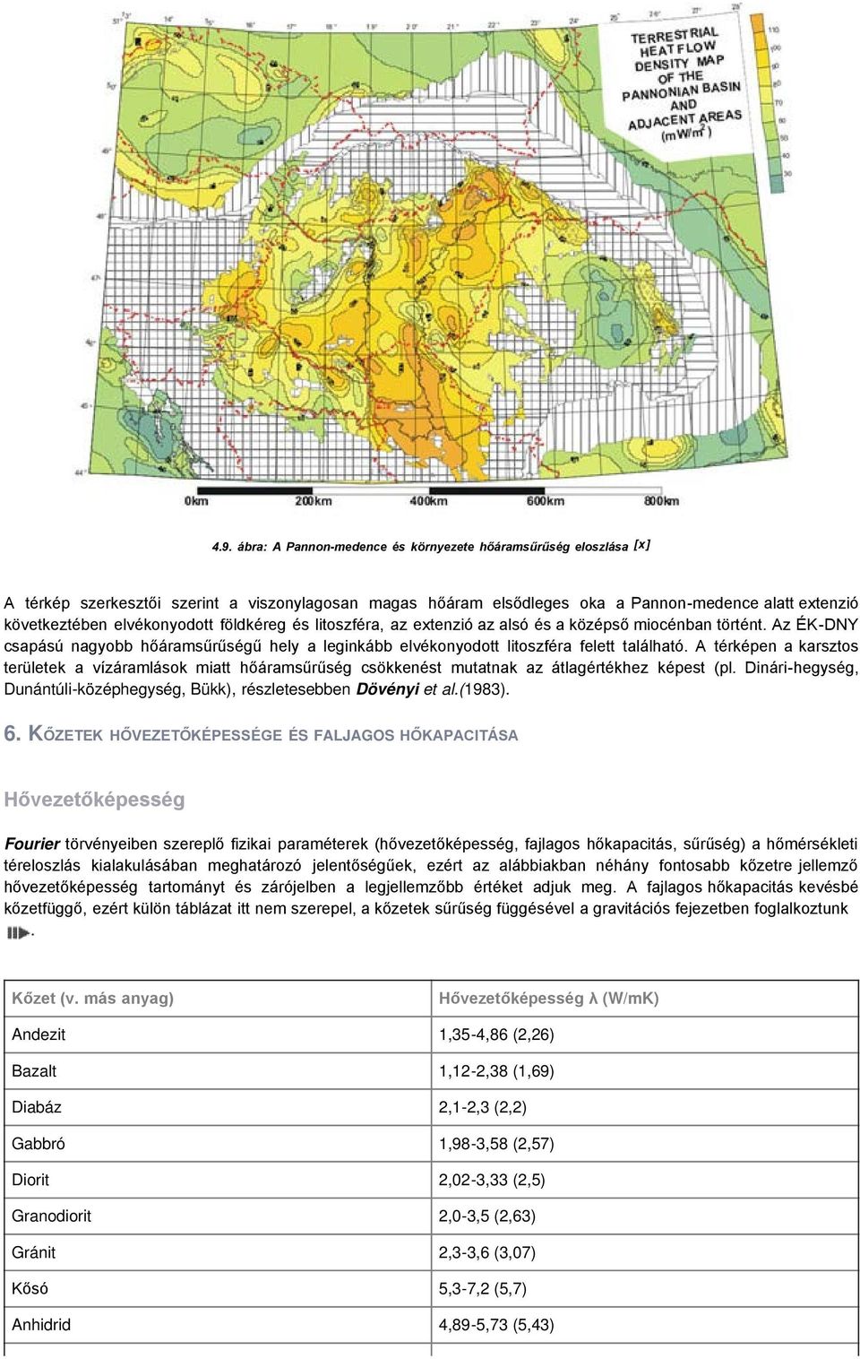 A térképen a karsztos területek a vízáramlások miatt hőáramsűrűség csökkenést mutatnak az átlagértékhez képest (pl. Dinári-hegység, Dunántúli-középhegység, Bükk), részletesebben Dövényi et al.(1983).