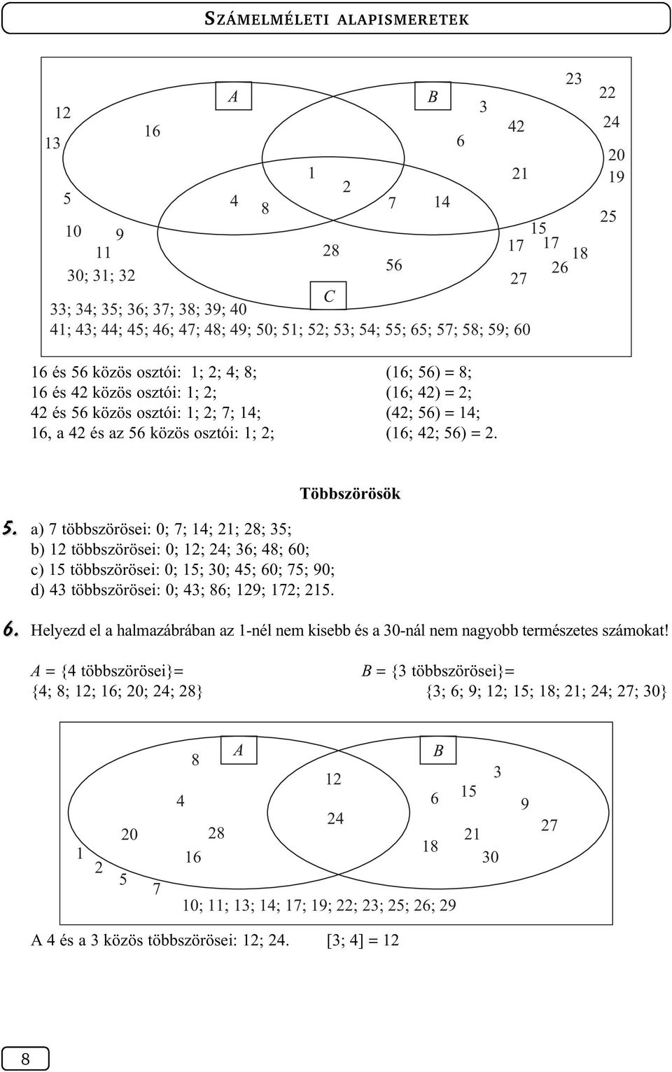 a) 7 többszörösei: 0; 7; 4; ; 8; ; b) többszörösei: 0; ; 4; 6; 48; 60; c) többszörösei: 0; ; 0; 4; 60; 7; 90; d) 4 többszörösei: 0; 4; 86; 9; 7;. Többszörösök 6.