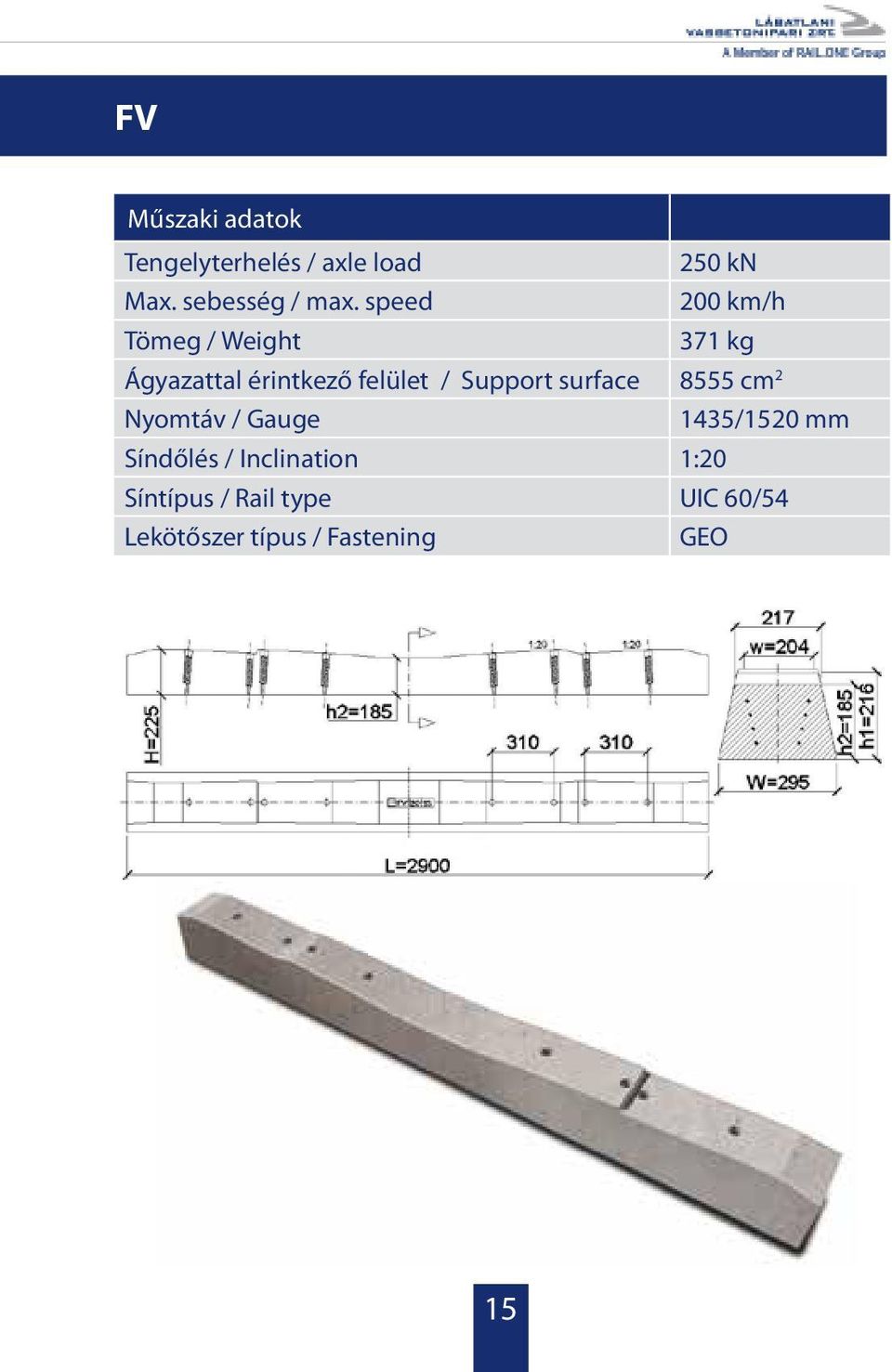 Support surface 8555 cm 2 Nyomtáv / Gauge 1435/1520 mm Síndőlés /