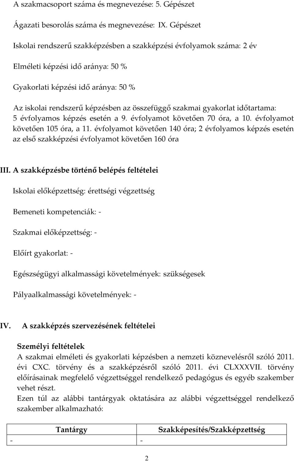 szakmai gyakorlat időtartama: 5 évfolyamos képzés esetén a 9. évfolyamot követően 70 óra, a 10. évfolyamot követően 105 óra, a 11.