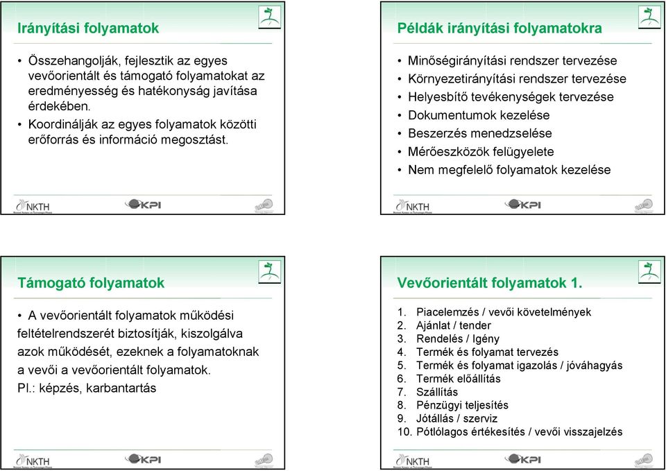 Példák irányítási folyamatokra Minőségirányítási rendszer tervezése Környezetirányítási rendszer tervezése Helyesbítő tevékenységek tervezése Dokumentumok kezelése Beszerzés menedzselése Mérőeszközök