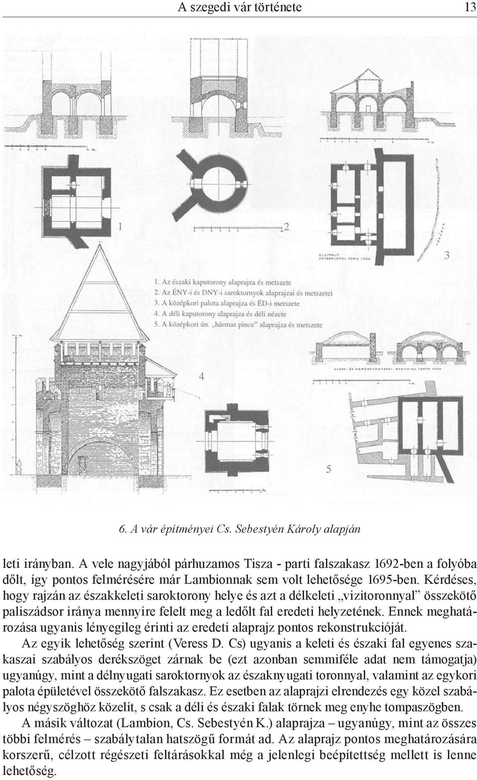 Kérdéses, hogy rajzán az északkeleti saroktorony helye és azt a délkeleti vizitoronnyal összekötő paliszádsor iránya mennyire felelt meg a ledőlt fal eredeti helyzetének.