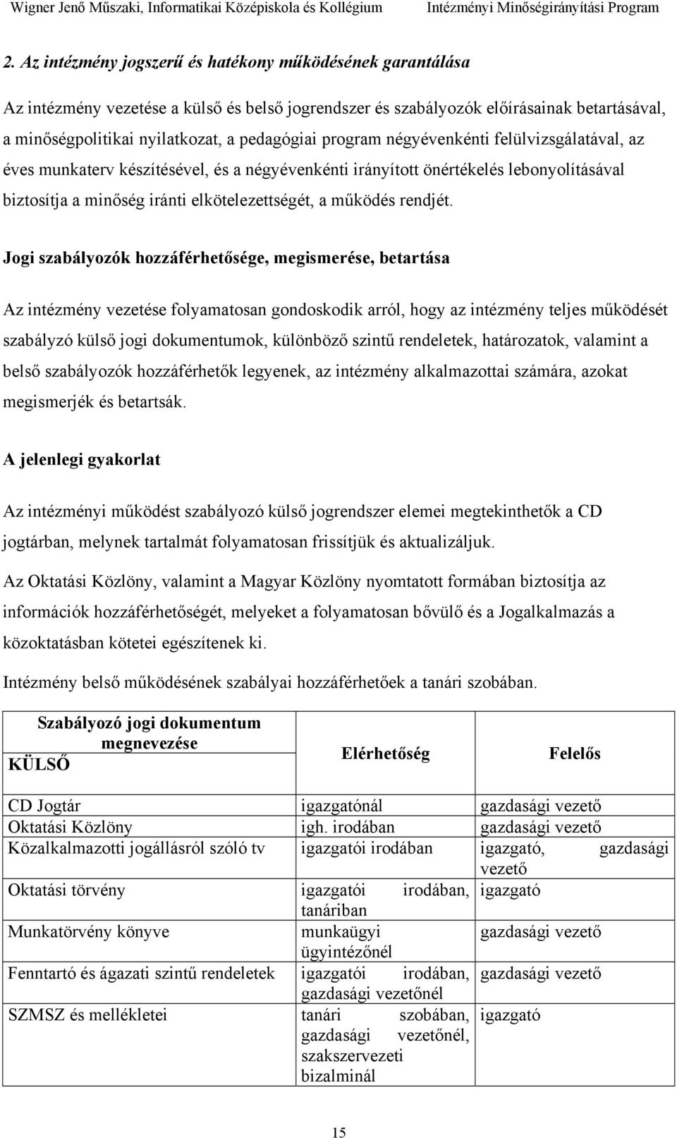 Jogi szabályozók hozzáférhetősége, megismerése, betartása Az intézmény vezetése folyamatosan gondoskodik arról, hogy az intézmény teljes működését szabályzó külső jogi dokumentumok, különböző szintű