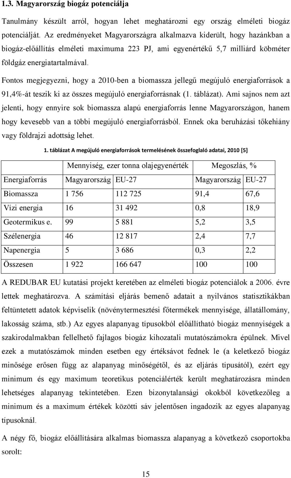 Fontos megjegyezni, hogy a 2010-ben a biomassza jellegű megújuló energiaforrások a 91,4%-át teszik ki az összes megújuló energiaforrásnak (1. táblázat).