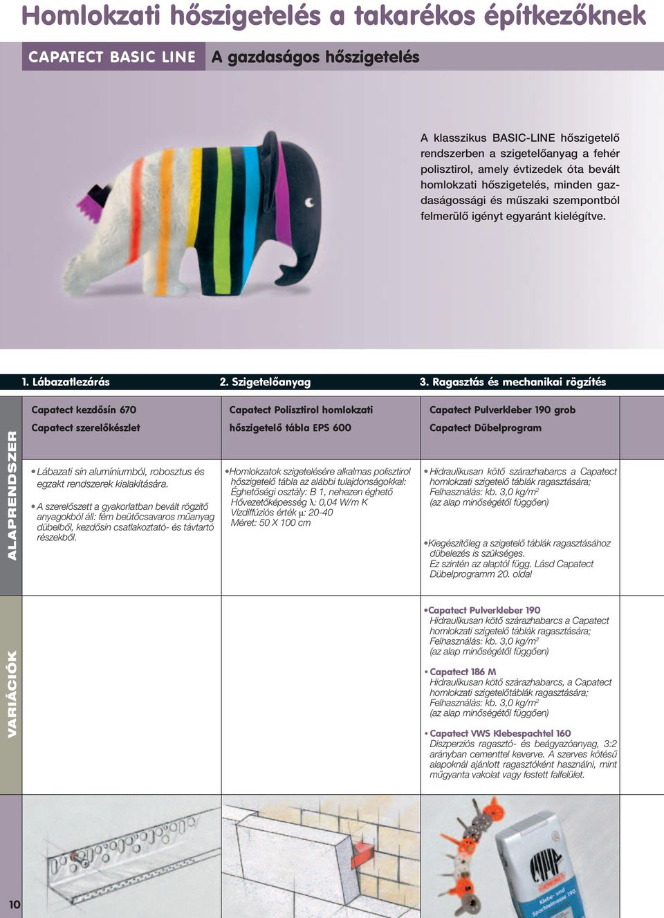 Ragasztás és mechanikai rögzítés Capatect kezdôsín 670 Capatect Polisztirol homlokzati Capatect Pulverkleber 190 grob ALAPRENDSZER Capatect szerelôkészlet Lábazati sín alumíniumból, robosz tus és