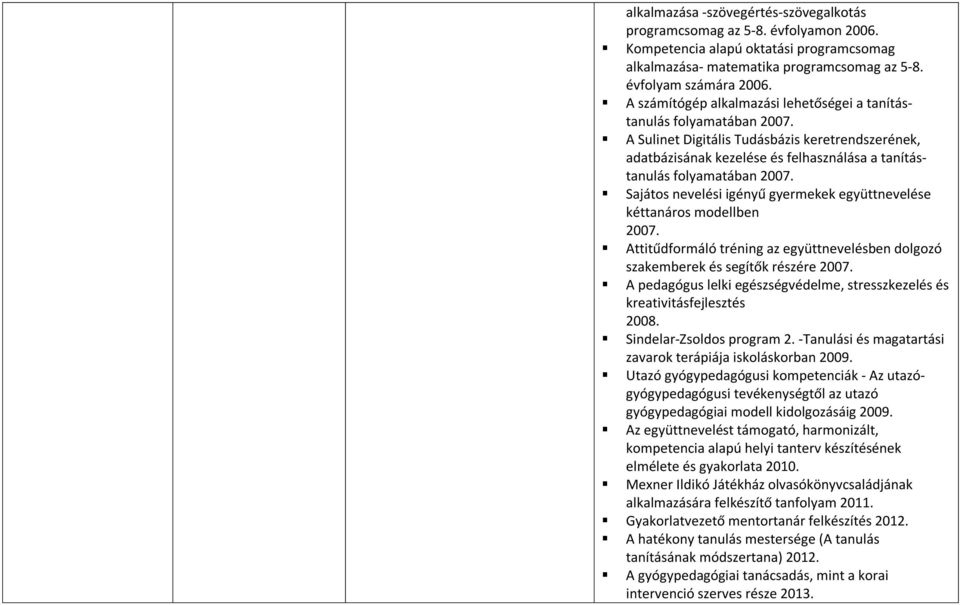 Sajátos nevelési igényű gyermekek együttnevelése kéttanáros modellben 2007. Attitűdformáló tréning az együttnevelésben dolgozó szakemberek és segítők részére 2007.